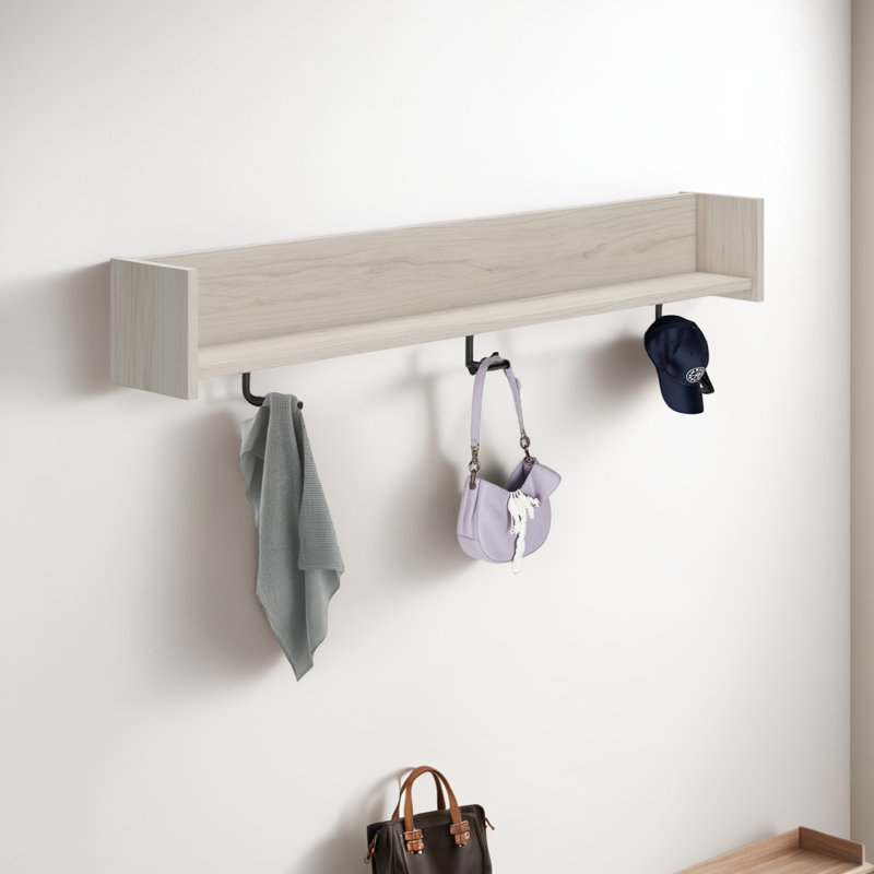 Soca Wall Mounted Coat Rack, 3 Hooks And Shelf, Light Natural Brown