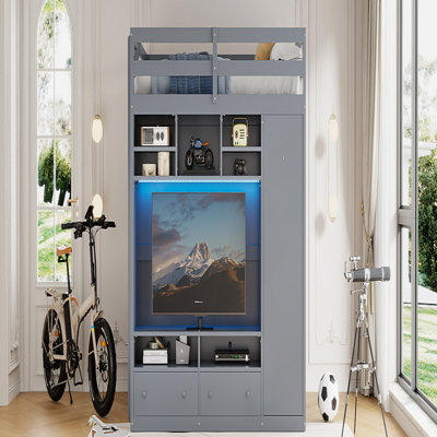 Lit mezzanine double avec tiroirs, tablettes et éclairage à DEL pour une efficacité maximale de l'espace