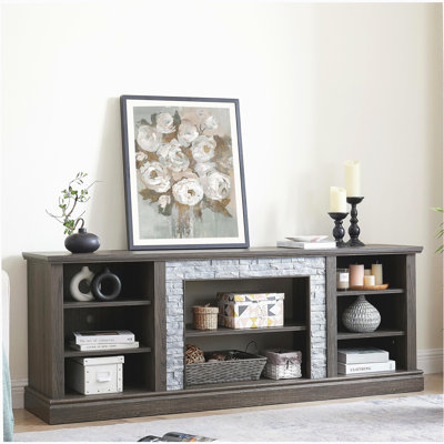 Grand meuble télé avec garde-corps en fausse pierre, table avec meuble de rangement et grand meuble télé, gris, l 70,12 po x P 15,35 po x H 25,83 po