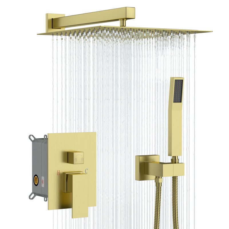 Pressure-Balanced Complete Shower System with 10 Inch Rain Shower Head and Rough-In Valve, Gold Brushed