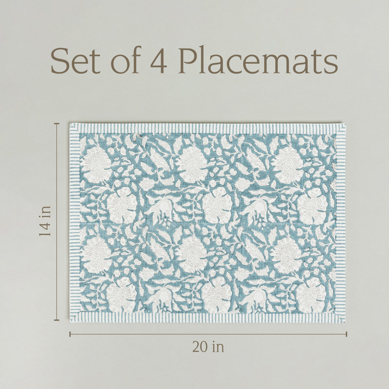 Blue Floral Hand-Blocked Cotton Placemats Set of 4