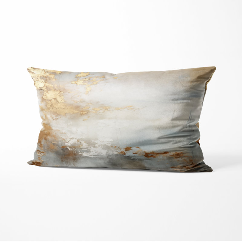 Coussin décoratif à formes abstraites - Beige, bleu, or, océan, tempête I, imprimé, H 12 po x l 20 po