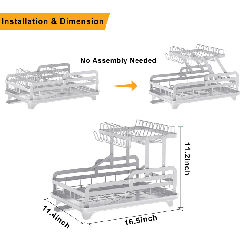 Égouttoir à vaisselle à 2 niveaux sans installation en métal pour comptoir de cuisine, pour 1 à 3 personnes avec égouttoir de rangement multifonctionnel et accessoires de drainage (blanc)