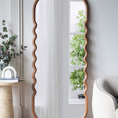 31.4X1.4X74" Oversized Wooden Floor Mirror With Unique Brown Frame
