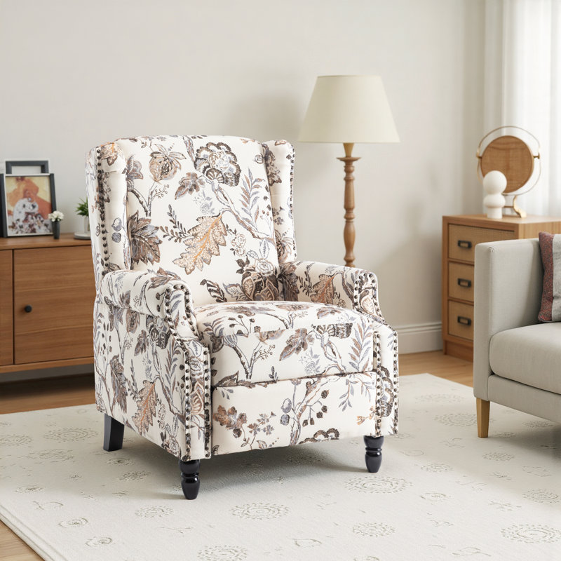 Manual Standard Push Back Recliner, Beige/Ivory Floral