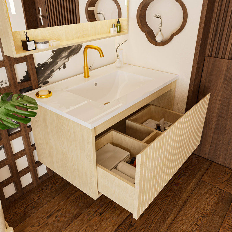 Amaro 30" Wall-Mounted Floating Bathroom Vanity with Ceramic Sink, Natural Wood
