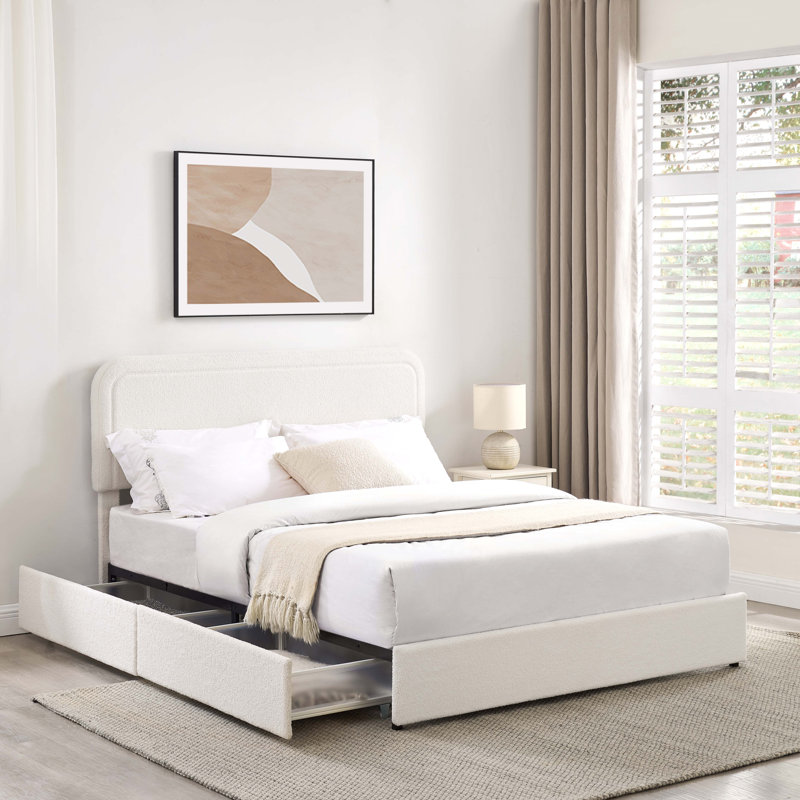 Grand lit plateforme tapissier ivoire