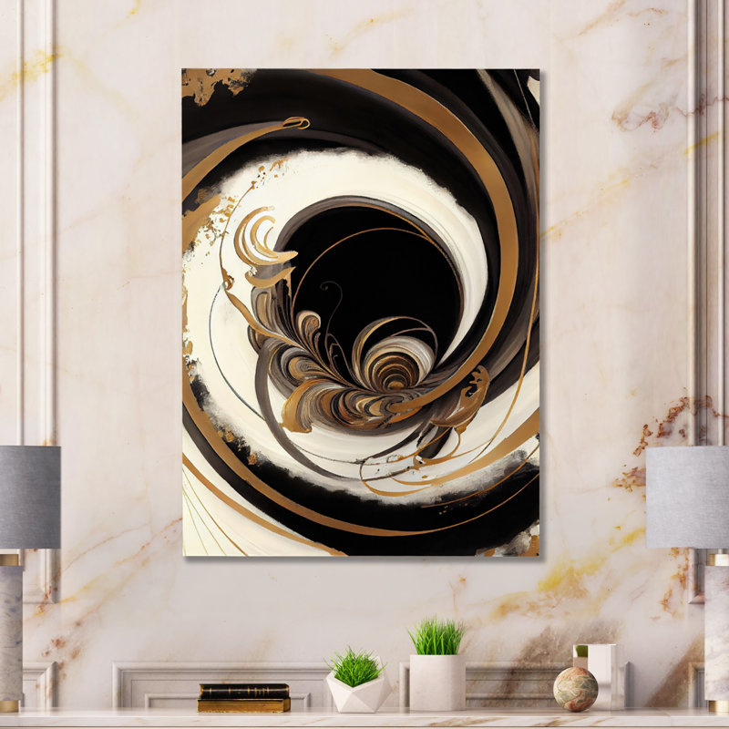 «Black and Gold Swirl VI», art mural moderne sur toile, H 32 po x l 16 po x P 1 po, Toile tendue