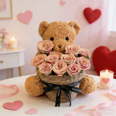 Bear Dolls with Rose, Soft Plush Animal Toys for Valentine's Day, Stuffed Bear Toy Gift for Girlfriend Wife, Wedding Decor
