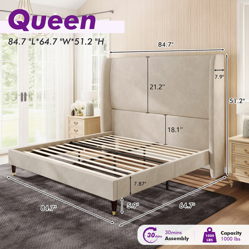 Belo Upholstered Low Profile Platform Bed, Queen, Bone White