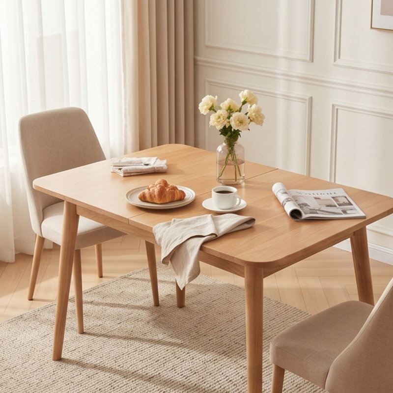 Natural Solid Oak Extendable Dining Table with Round Corners, Telescopic Design for 6-8 People