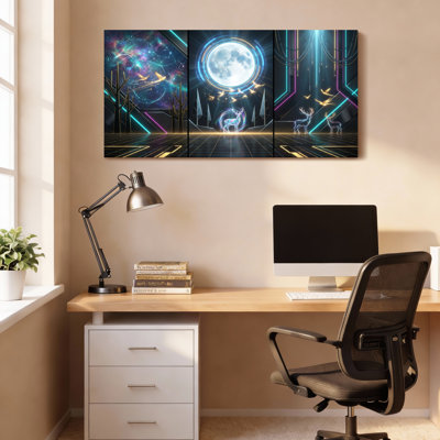 Neon, cerf, lune, paysage futuriste sur toile tendue, impression sur toile, ensemble de 3