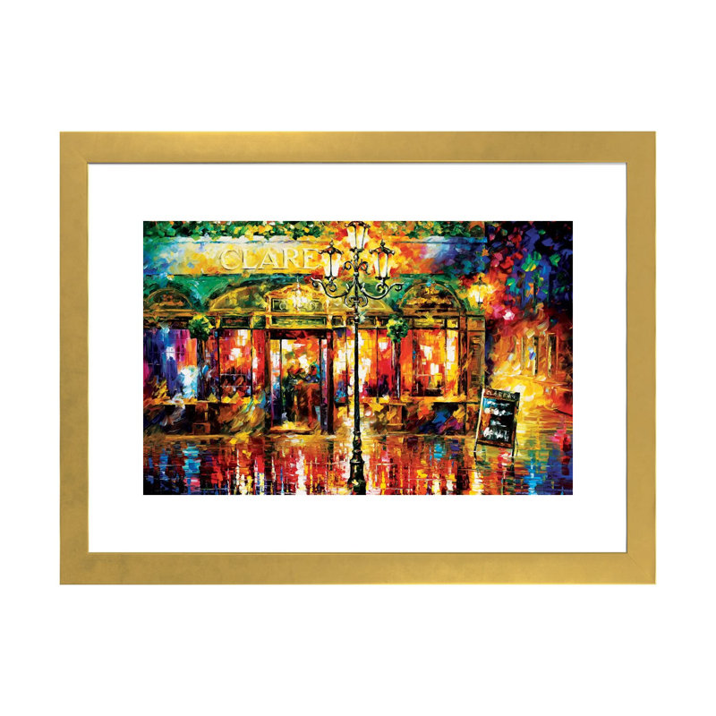 Clarens Misty Café par Leonid Afremov - reproduction d'art, Papier encadré doré, H 24 po x l 32 po x P 1 po