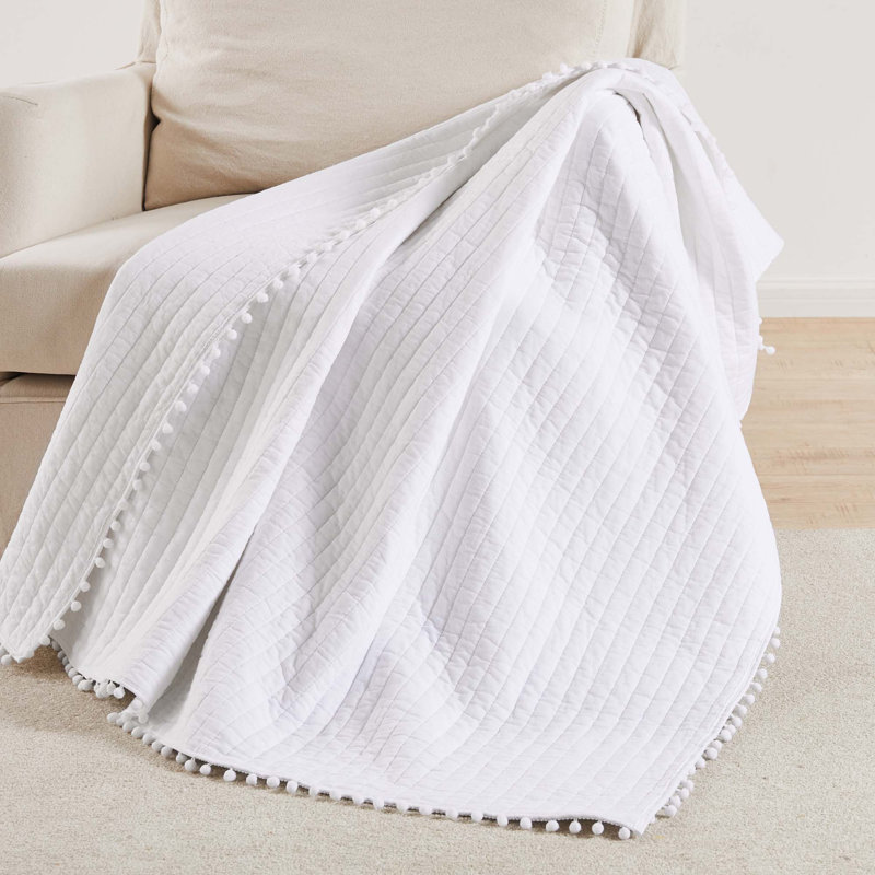 Pom Pom White Quilted Throw