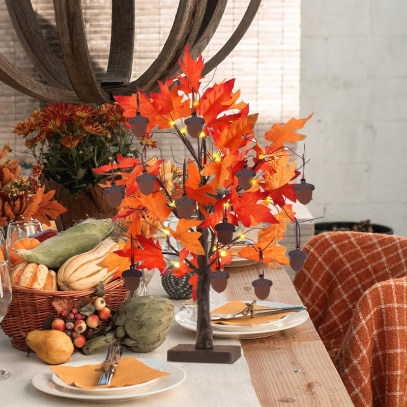 Fall Decorations For Home, 24”/2FT Lighted Fall Maple Leaves Tree With 24LT Warm White Leds For Autumn Decor, 12 Wood Acorns Ornaments Battery Powered Timer For Home Decor, Thanksgiving
