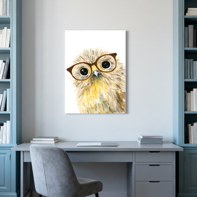 Adorable chouette avec des lunettes, peinture à l'aquarelle sur toile tendue sur toile, ensemble de 1