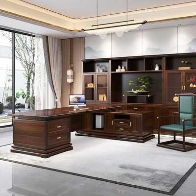 86.61"New Chinese-style brown solid wood executive desk