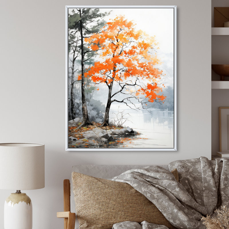 Orange et gris, forêt, automne, élégance I - art mural forêt, H 20 po x l 12 po x P 1 po, Cadre flottant blanc