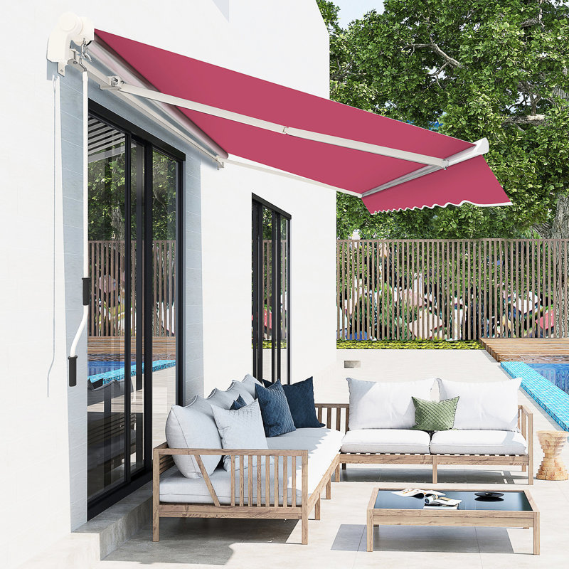 Auvent de patio de 13 pi x 8 pi, pare-soleil rétractable à fonctionnement manuel et tissu hydrofuge, structure en aluminium pour terrasse, balcon, cour, abri à abat-jour rouge rosé