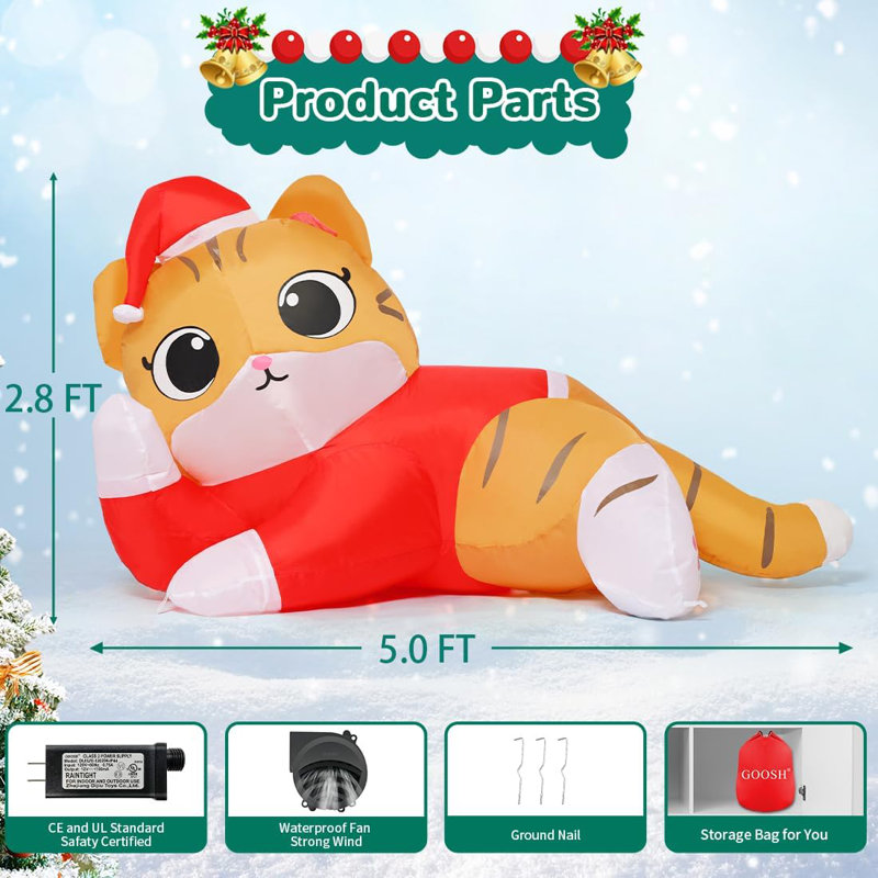 Chat gonflable de Noël gonflable de 5 pi avec lumières à DEL intégrées