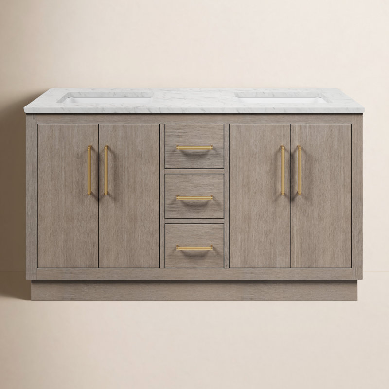 Jacolby 60'' Double Bathroom Vanity with Carrara Marble Top, Satin Gold