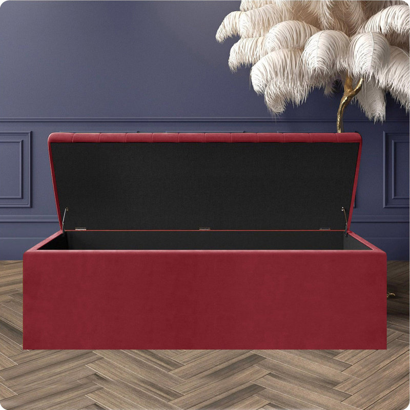 Safar Wide Velvet Rectangle Solid Color Standard Ottoman Box with Storage, Claret Red Plush Velvet, 90 cm