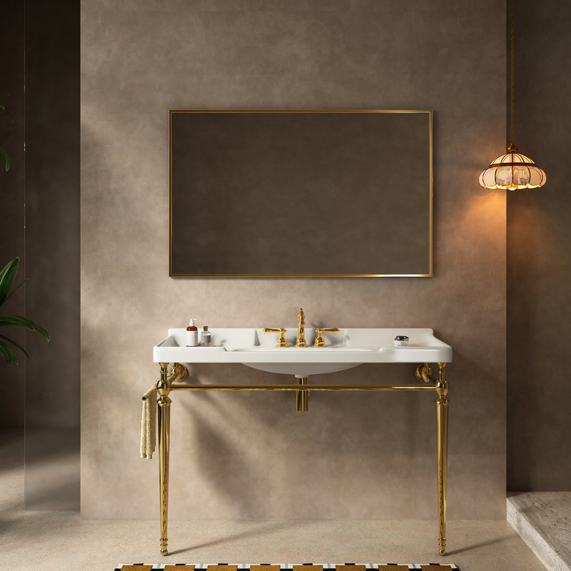 Lavabo mural de salle de bain de 122 cm (48 po), meuble-lavabo en céramique blanche avec 3 trous pré-percés pour robinetterie, pieds autoportants en acier inoxydable, fini doré et lavabo stable haute performance