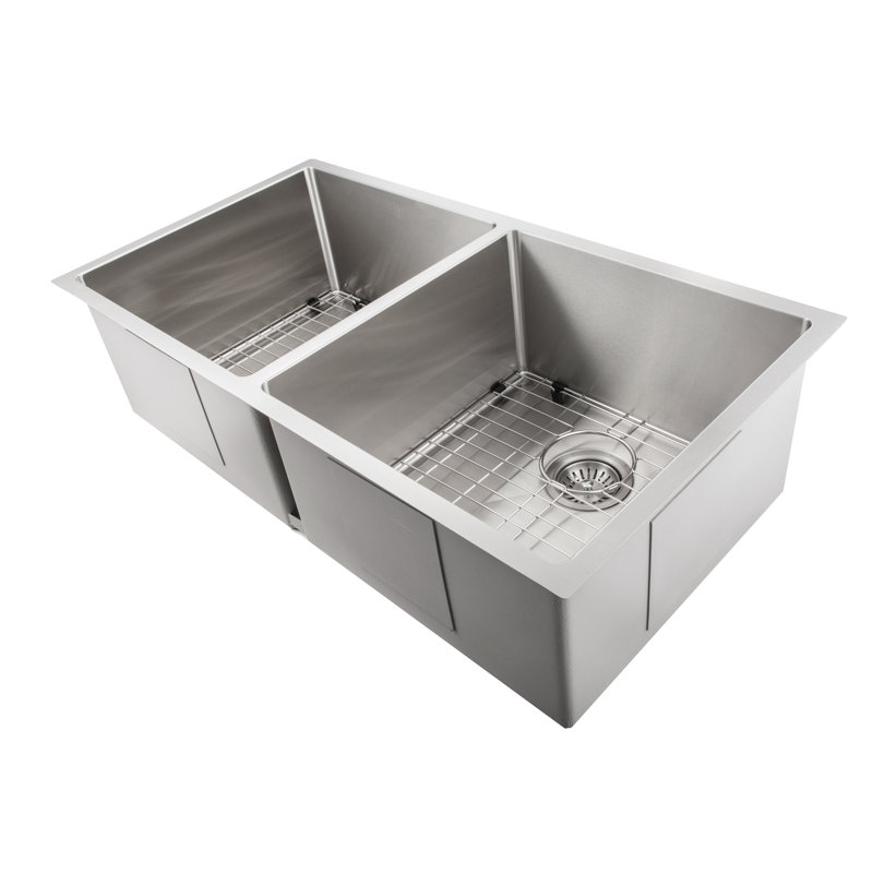 36" L x 19" W Double Basin Undermount Kitchen Sink with Basket Strainer