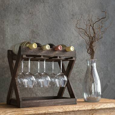 Amyna 3 Bottle Solid Wood Tabletop Wine Bottle & Glass Rack in Brown Ebern Designs