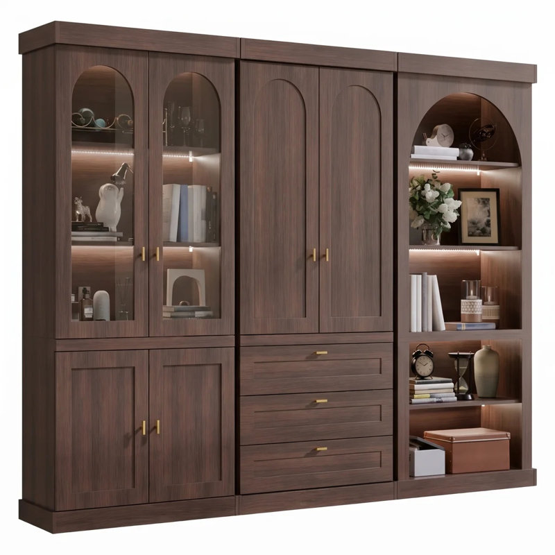 Ensemble de 3 armoires de rangement autoportantes arquées avec portes en verre et éclairage à DEL, Armoire standard