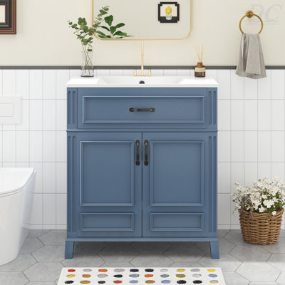 30'' Bathroom Vanity With Ceramic Sink,Solid Wood Frame Bathroom Storage Cabinet With Soft Closing Doors, Retro Style