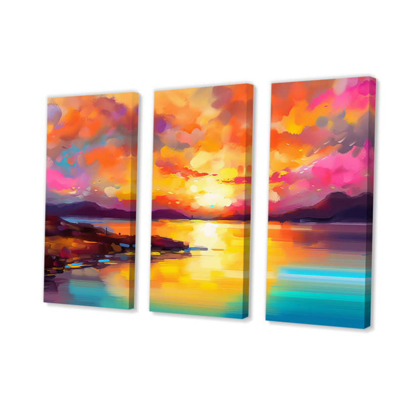 Coucher de soleil avec des reflets colorés II sur toile, 3 pièces, H 32 po x l 48 po x P 1 po