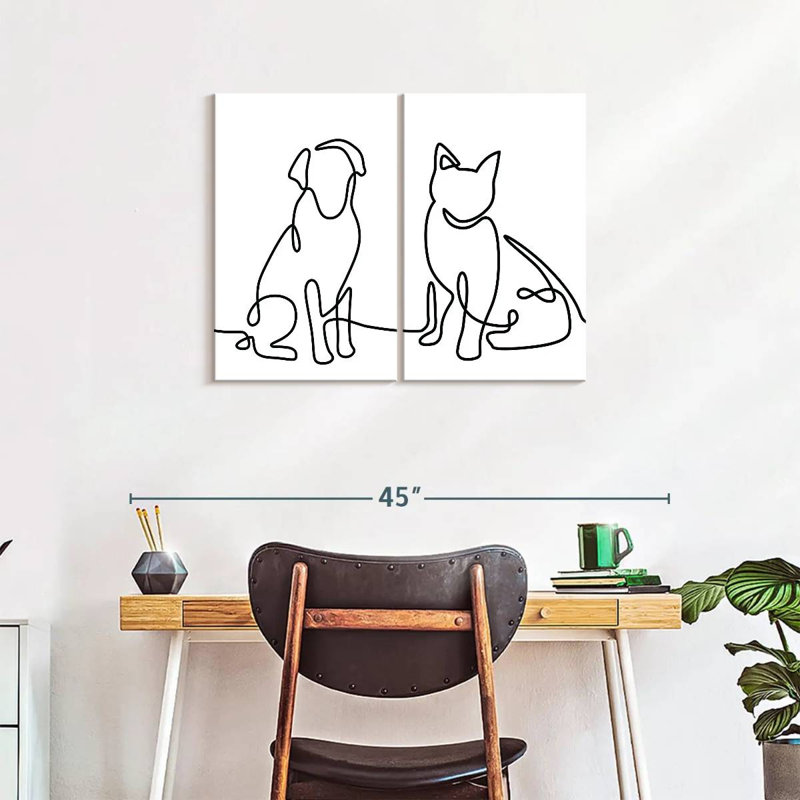 One Line Dog And Cat On Canvas 2 Pieces Set, 24" H x 33" W x 1.25" D