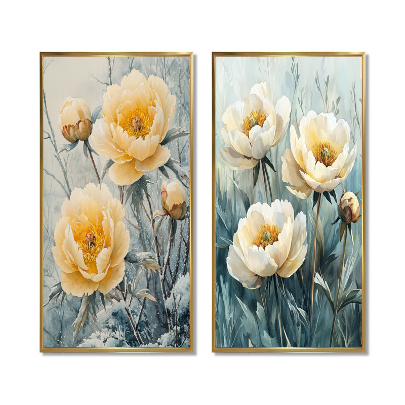 Pivoines d'hiver dans la prairie givrée I - décoration murale en toile florale 2 panneaux, Cadre flottant doré