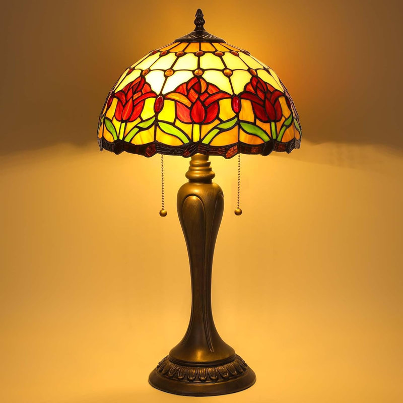 Tiffany Table Lamp, Red Tulips Style Lampshade Reading Light 12X12X22 Inches, Adjustable 3 Color Temperature Decor for Bedroom Living Room