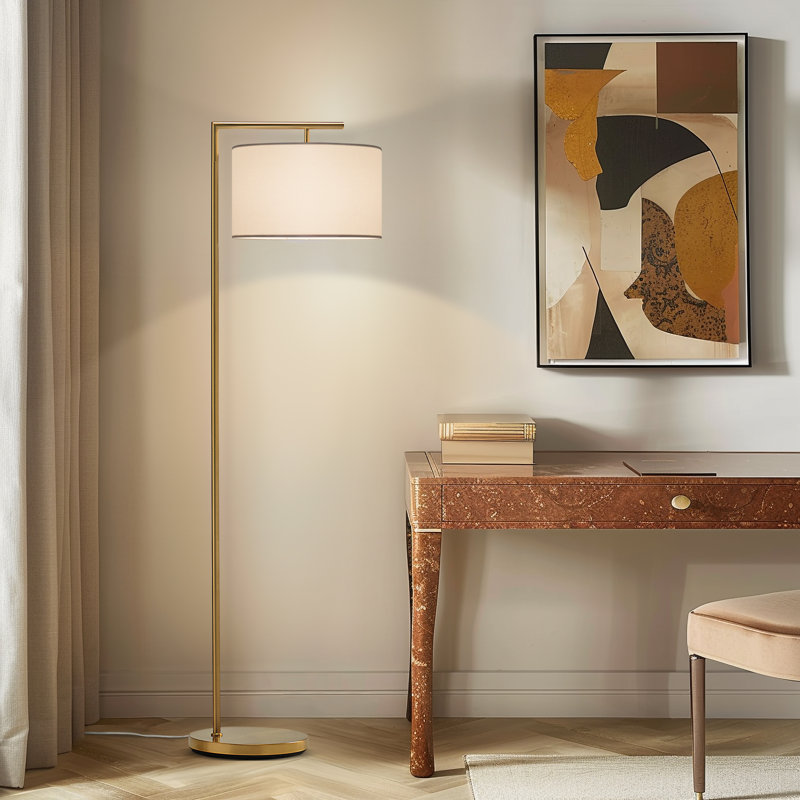 Montage Modern 60 in. Unique Standing Mid Century Modern Floor Lamp with Fabric Drum Shade - LED Bul, Gold, White
