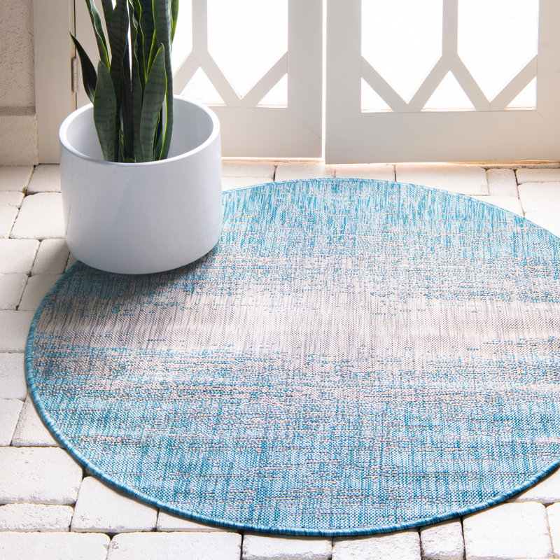 Tapis intérieur / extérieur bleu abstrait Datto, Rond 4 pi 1 po, Turquoise