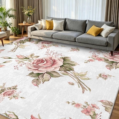 Black Machine Washable,Art Vintage Victorian Rose Watercolor Flower Pink Floral Indoor Area Rug