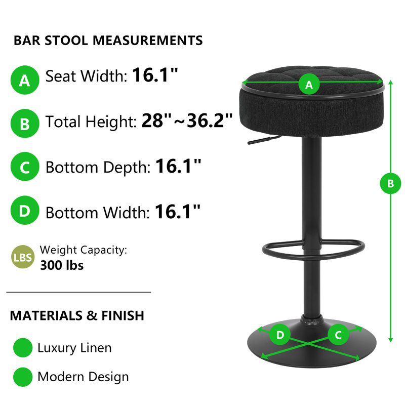 Tabouret de bar rond en lin réglable sans accoudoirs (ensemble de 6), Noir, noir, noir, noir