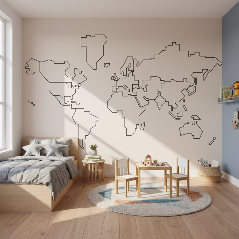 Papier peint carte du monde, Beige, L 96 po x l 120 po