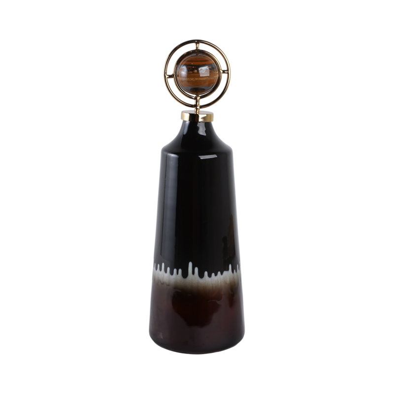 Grand vase de table en verre en forme de bouteille effilée avec décoration en métal sculpturale - Vase décoratif décoratif