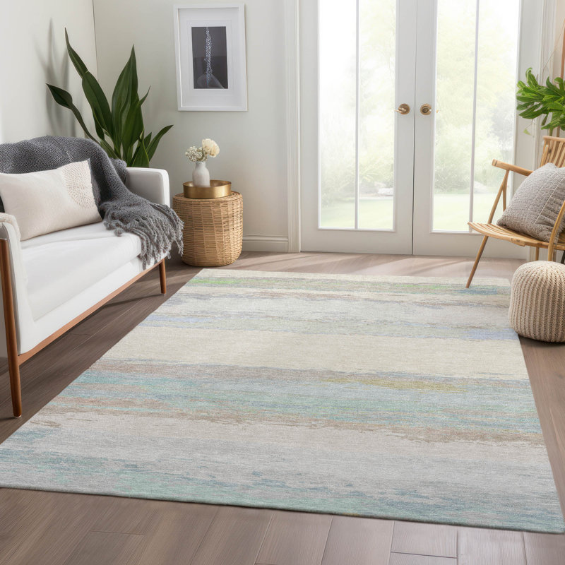 Ivory and Multicolor Synthetic Washable Striped 3' x 5' Rug