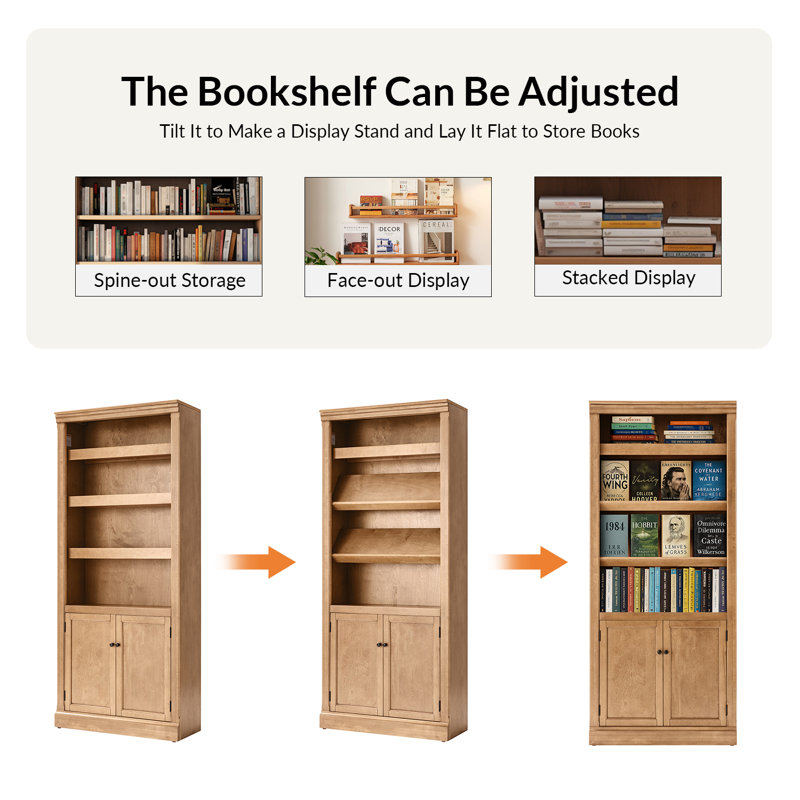 Eduardo 78"H X 33.5"W Transitional Solid Wood Frame Bookcase with Multi-Purpose Shelf, Oak