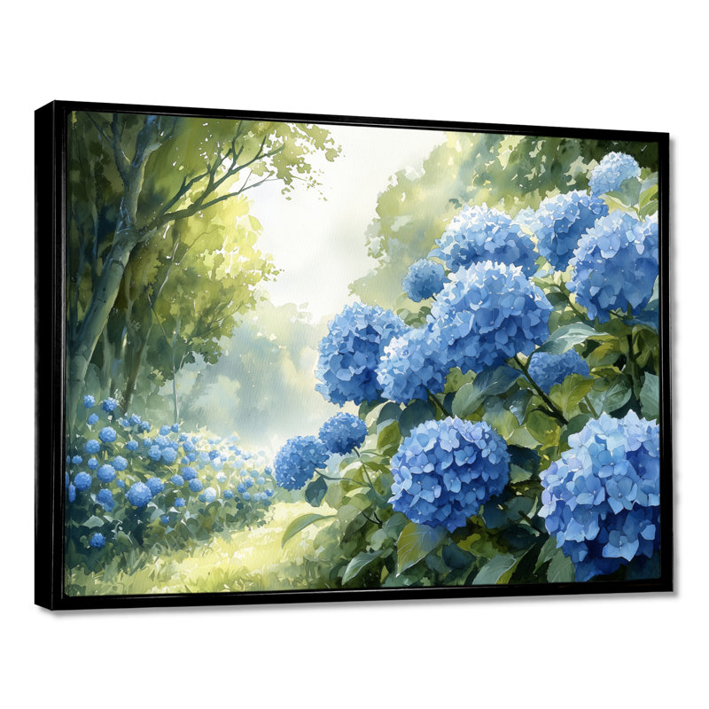 Hortensias dans le verger - hydrangées, art mural, Cadre flottant imprimé sans passe-partout, Noir, H 24 po x l 32 po