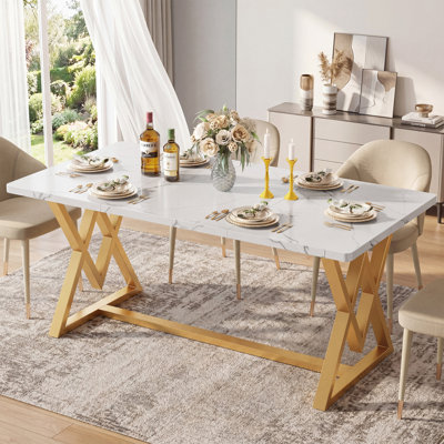 63" Modern Faux Marble Dining Table, White Rectangular Kitchen Table Seats 4-6 with gold Metal Legs