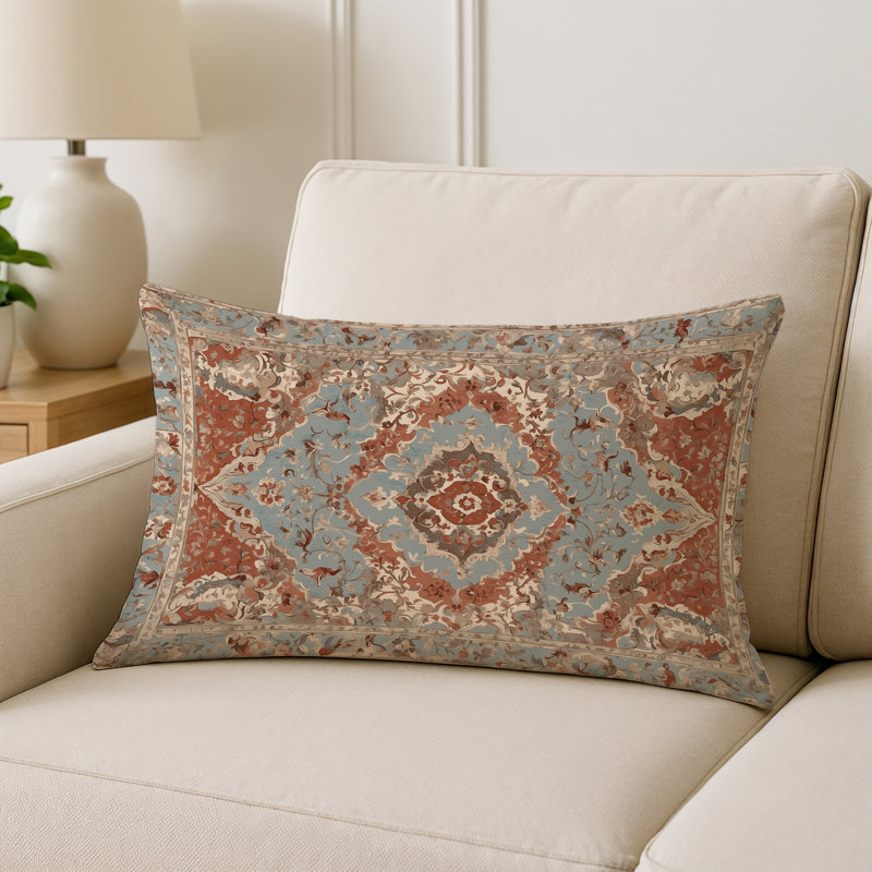 Coussin décoratif intérieur et extérieur Modern, Bleu clair / rouille / beige damassé, Rectangle H 25 po x l 18 po