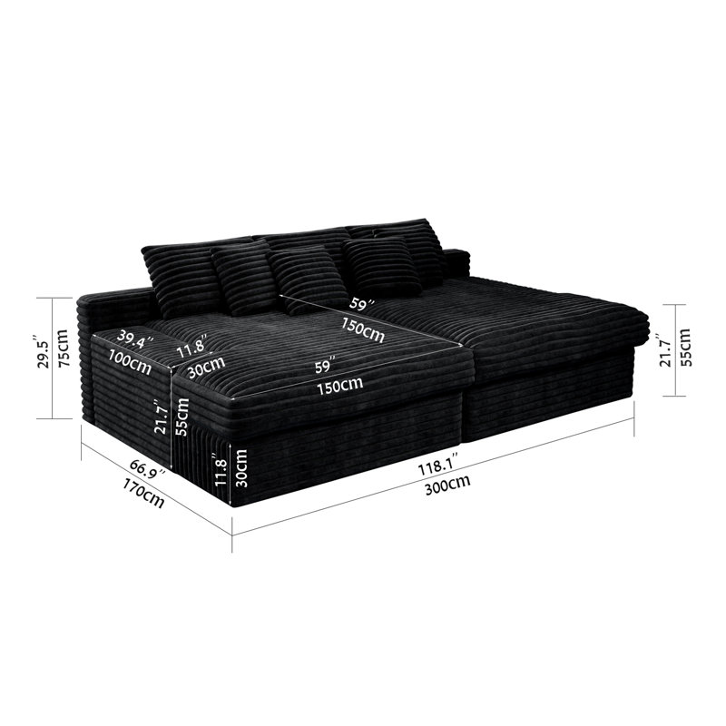 Siège de canapé modulaire 118,1 * 66,9 po, canapé rembourré compressé pour le salon, la chambre à coucher, l’appartement, aucun assemblage requis, combinaison libre de 2 pièces, tissu en velours côtelé moelleux