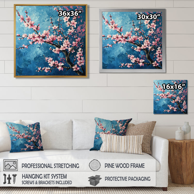 Fleur de cerisier rose sur fond bleu ciel peint - fleur de cerisier, Toile encadrée flottée blanche