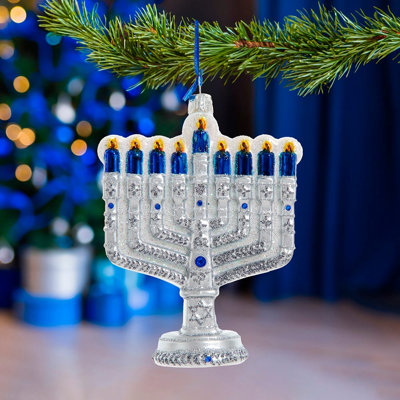Kurt Adler Noble Gems Glass Christmas Ornament, New Hanukkah Menorah