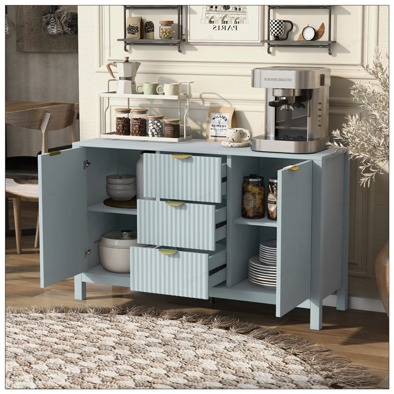 Buffet Wave Design avec 3 tablettes réglables, 3 tiroirs, portes à fermeture en douceur et poignées en métal pour un rangement polyvalent dans le bureau, le couloir et le salon
